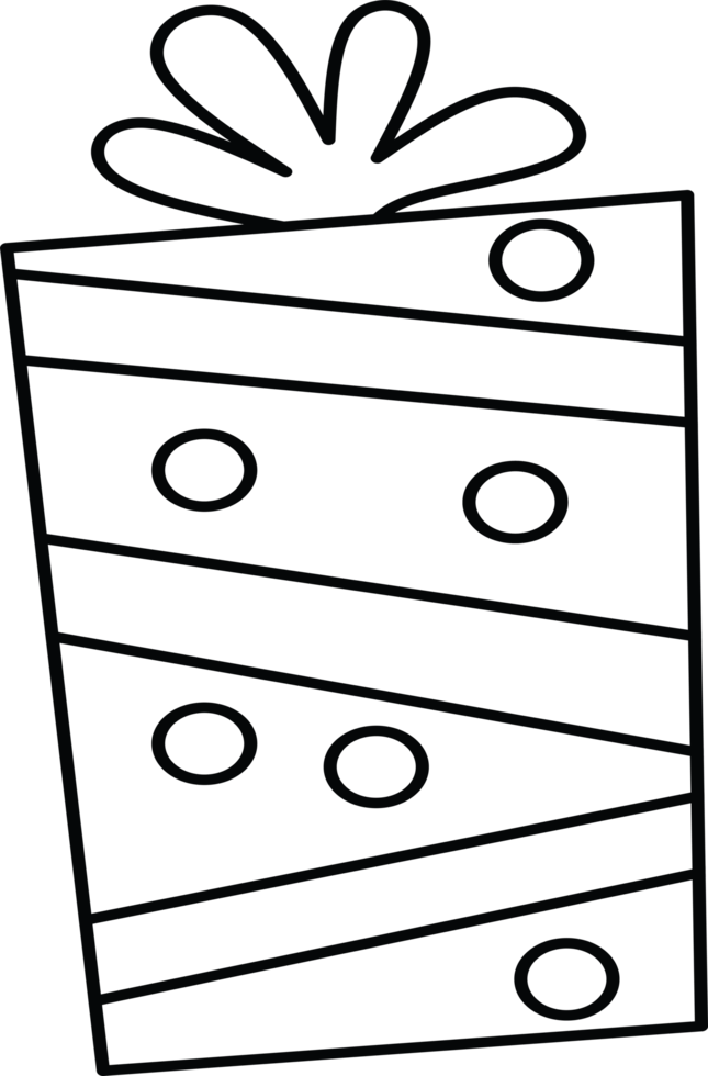 Minimalist illustration of a gift box in black and white line art style featuring polka dot patterns, ideal for creative designs, festive projects, or educational activities. png