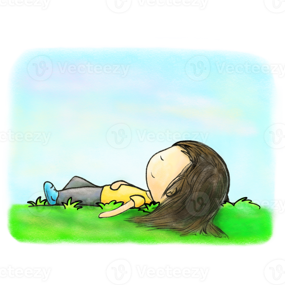 Girl sleeps on grass under blue sky, crayon and pencil drawing png