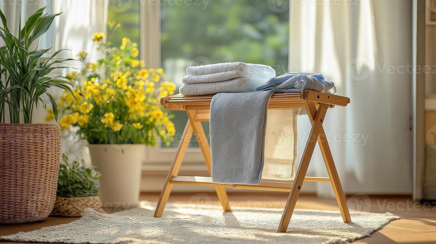Drying rack with fresh towels and flowers photo