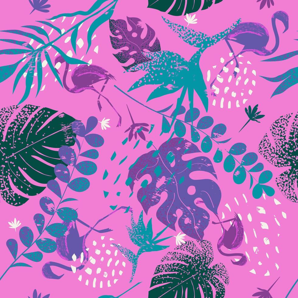 Abstract tropical ornament. Botanical seamless natural pattern, vibrant colors. vector