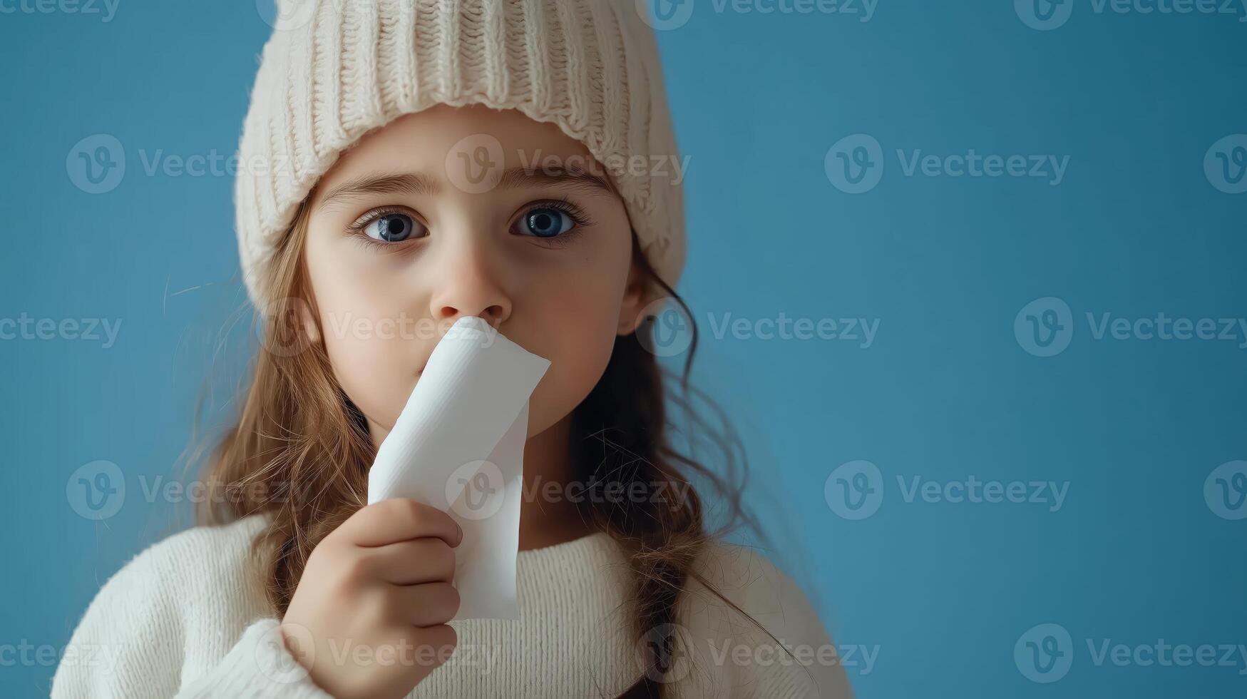 Little girl holding tissues, looking sick and suffering from a cold photo