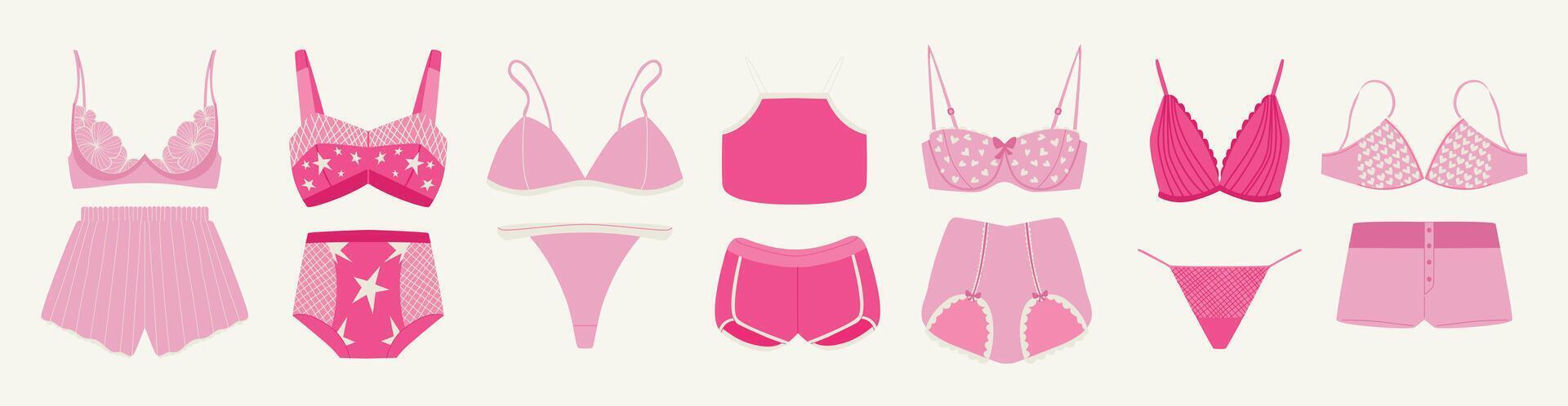 A set of pink lingerie. A collection of elegant underwear. Fashionable women's underwear, underwear set. Panties, bikinis, and bras. vector