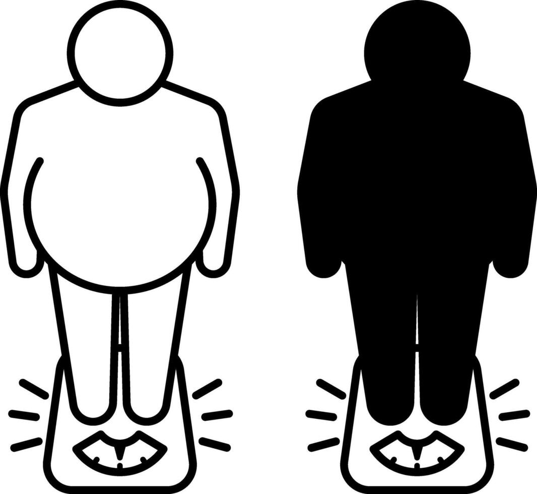 Body Weight Icons. Black and White Illustration. Fat Man Standing On Scales. Measuring Weight. Healthy Lifestyle. Nutrition Concept vector