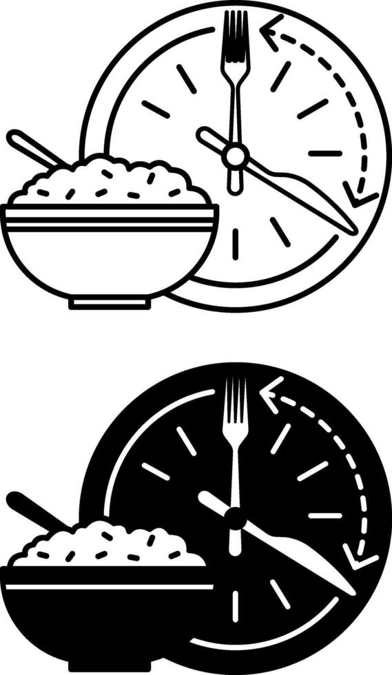 Meal Timing Icons. Black and White Illustrations. Clock with Knife and Fork, Porridge Plate with Spoon. Healthy Lifestyle. Nutrition Concept vector