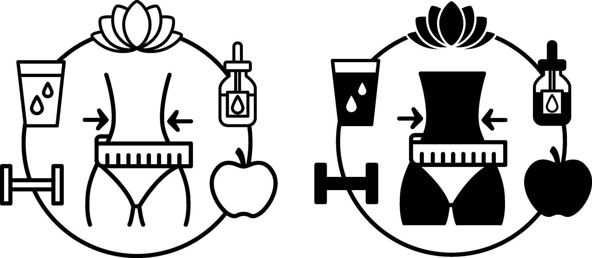 Body Care Icons. Black and White Illustration. Human Figure with Measuring Tape. Dumbbell, Glass of Water, Lotus Flower, Face Serum, and Apple. Healthy Lifestyle. Nutrition Concept vector