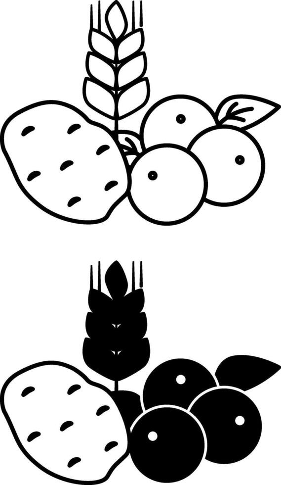 Carbohydrate Icons. Black and White Illustrations. Potato, Wheat, and Berries. Vegetables and Fruits. Healthy Lifestyle. Nutrition Concept vector