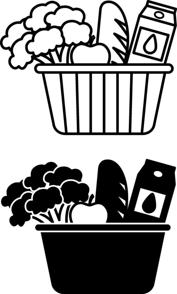 Nutrition Icons. Black and White Illustration. Food in Shopping Cart. Broccoli, Apple, Bread, and Milk. Nutrition Concept vector