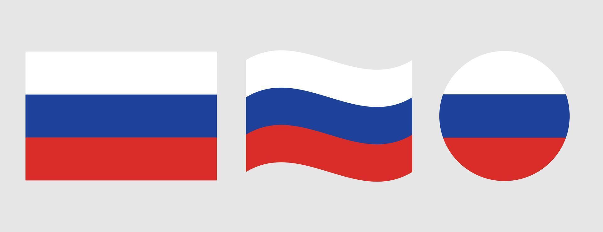 Russia flag symbols set. The national flag of Russia. Blue, white and red colors. Round, square, waving Russian map shape banner. Moscow symbol. vector
