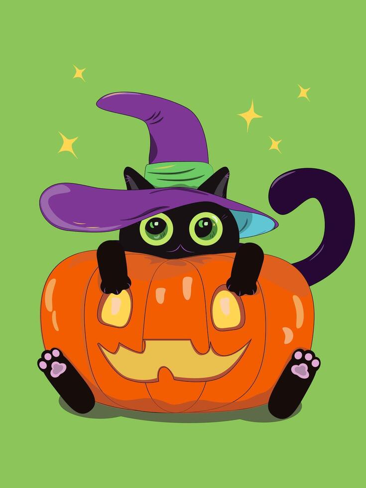 A big black cat with green eyes sits in an orange pumpkin with cut out eyes and a mouth. A cat in a huge witch's hat. Halloween cat. Big postcard sticker cover vector