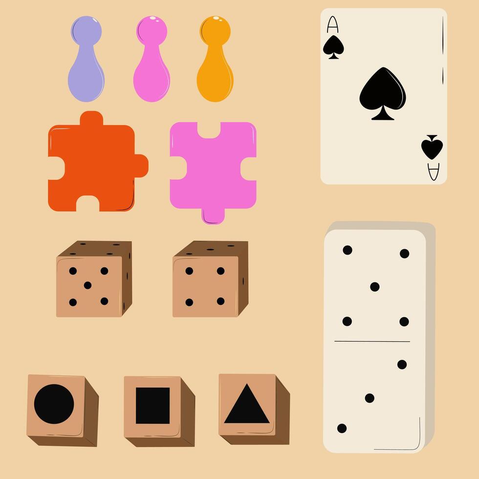 illustration of a set of four different icons, game items. Stickers of game components, dice for playing cards. Ace of spades. Domino, lotto, chips for the move. vector