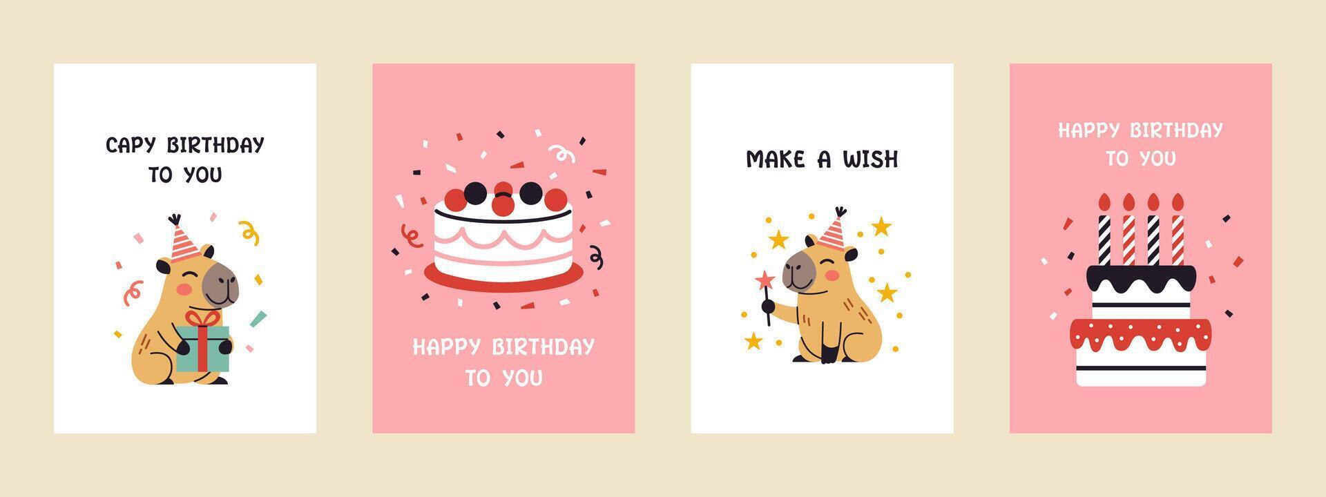 festive birthday greeting card set with cute capybaras and cakes in flat design. Cheerful posters, trendy postcards, collection of birthday illustrations. Perfect for birthday party event. vector