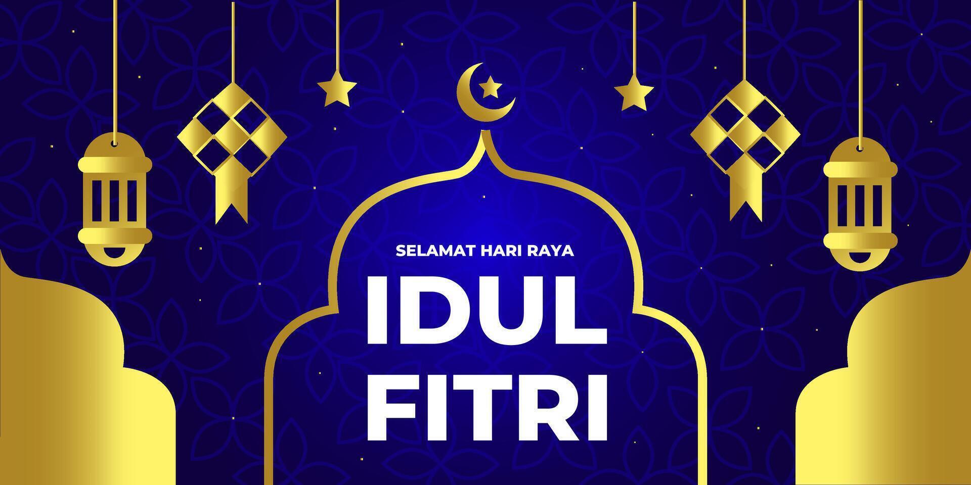 Selamat hari raya idul fitri, happy eid idul fitr greeting moslem golden blue banner template background. Illustration design vector