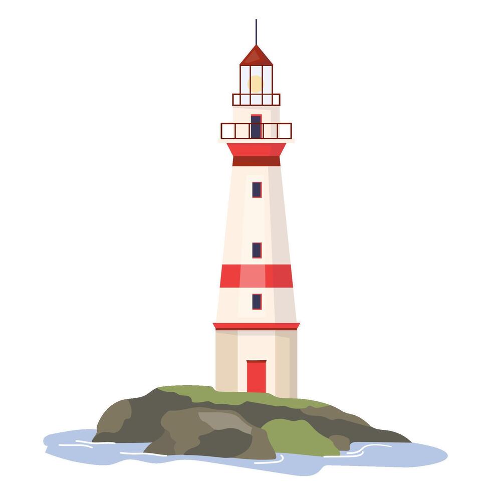 Lighthouse with ocean beach rocks Nautical navigation tower with red white stripes and beacon lights helping ships to navigate. Marine seaside architecture design element Flat illustration vector