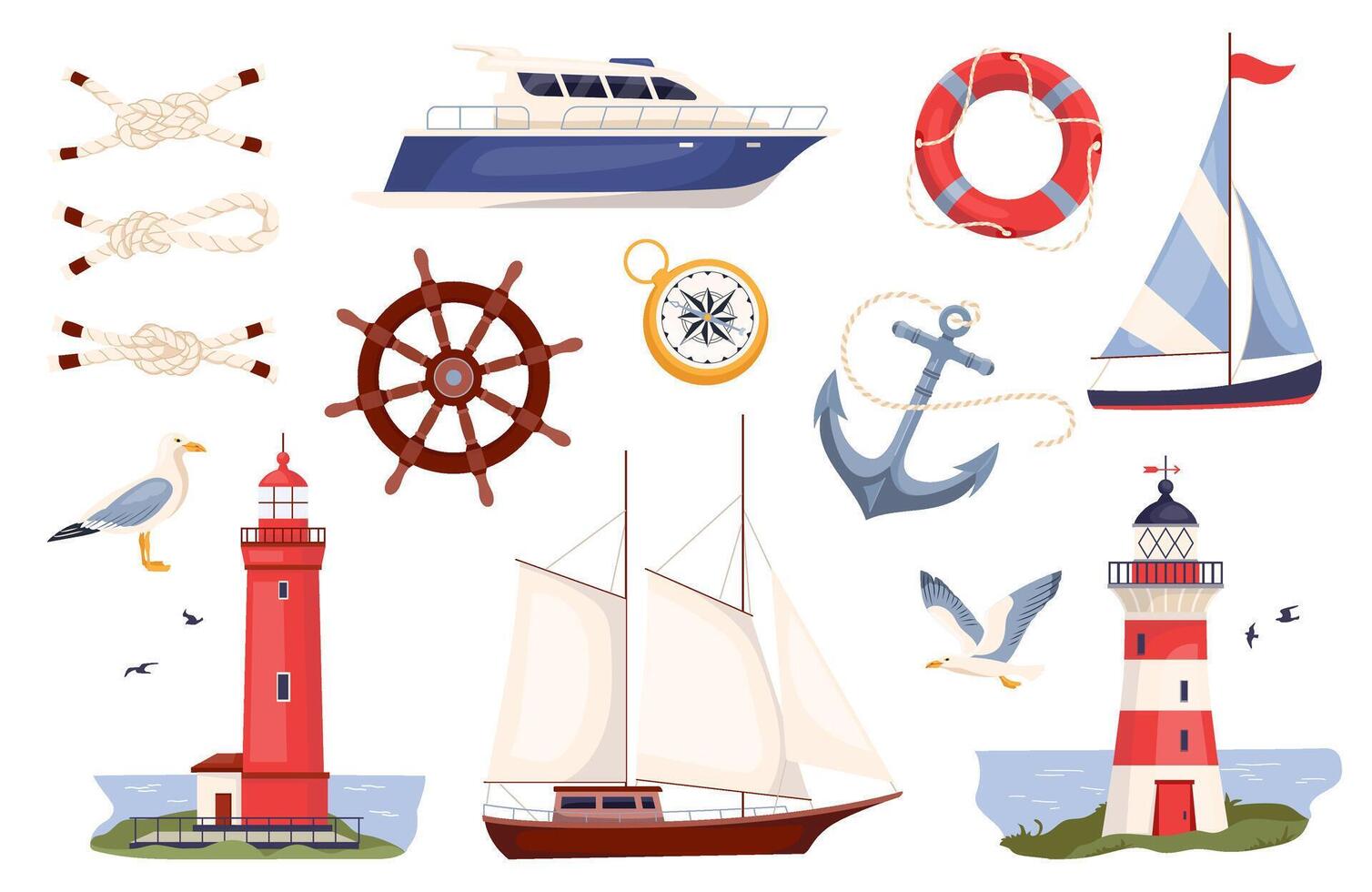 Sea and ocean design elements. Marine illustration of lighthouses, ships, anchor, seagulls, compass and sea knots. Collection nautical illustrations isolated on white background vector
