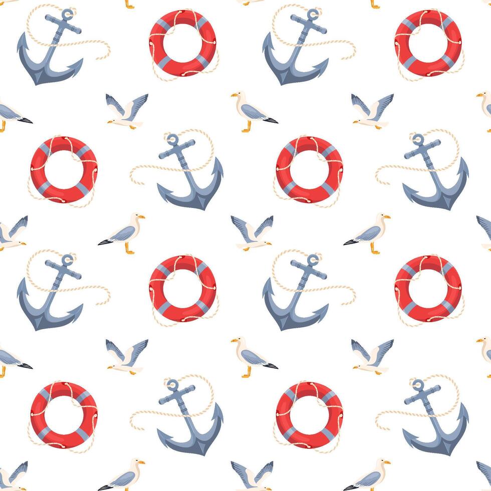 Nautical summer seamless pattern. Nautical repeat texture with summer symbols, such as anchors, lifebuoy and seagulls. Marine endless design for print, fabric, textile, wrapping paper vector