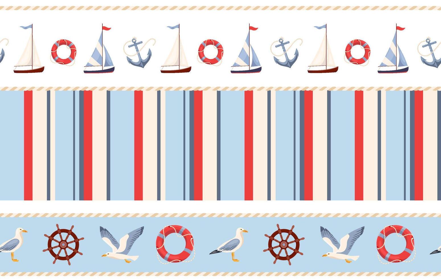 Nautical seamless border. Set of repeat texture with summer symbols, such as sailboats, anchors, lifebuoy and seagulls. Marine endless pattern for design, print, fabric, textile, wrapping paper vector