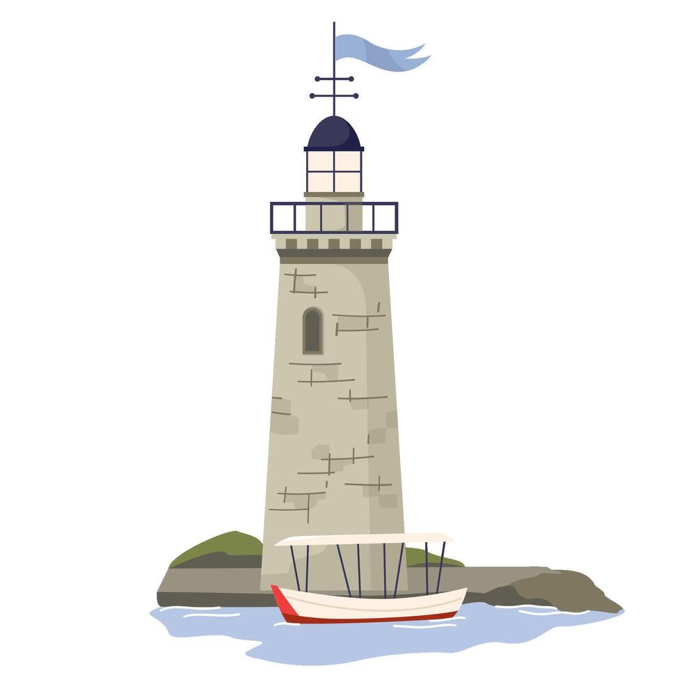 Stone lighthouse with boat Nautical navigation tower helping ships to navigate. Marine seaside architecture Construction tower with observation point and signals. Flat illustration vector