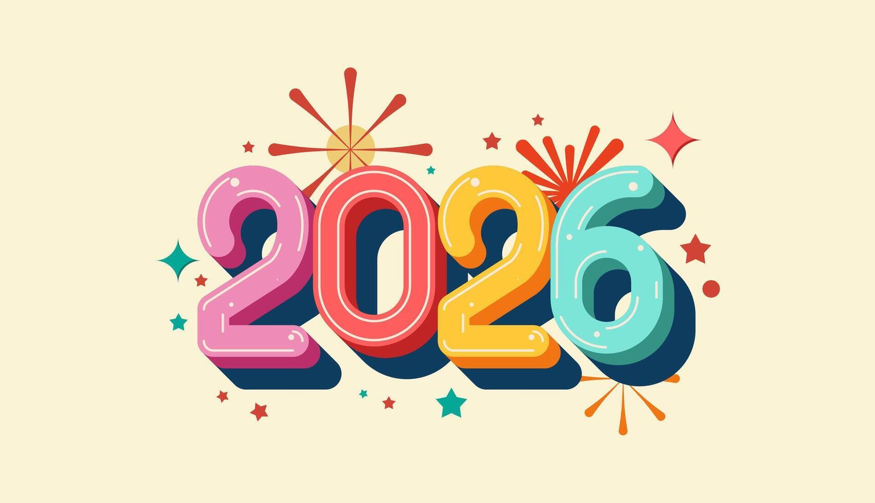 Happy New Year 2026 3d doodle cheerful colour with fireworks, celebration, greeting card, invitation, calendar concept. Design template post new year 2026. vector