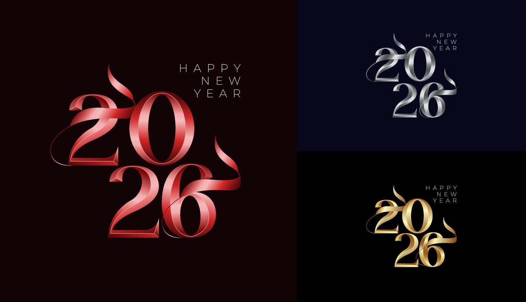 Happy New Year 2026 elegant 3d silver in gold with ribbon, celebration, greeting card, invitation, calendar concept. Design template post new year 2026. vector