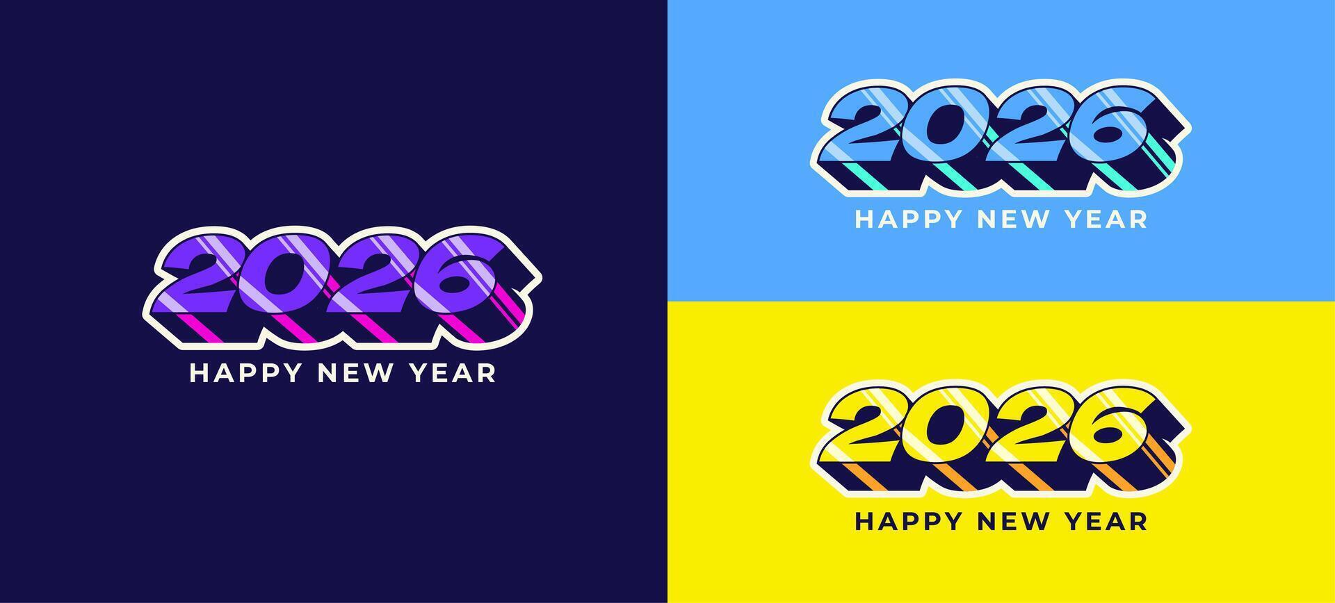 Happy New Year 2026 3d and shiny retro long shadow colourful, celebration, greeting card, invitation, calendar concept. Design template post new year 2026. vector