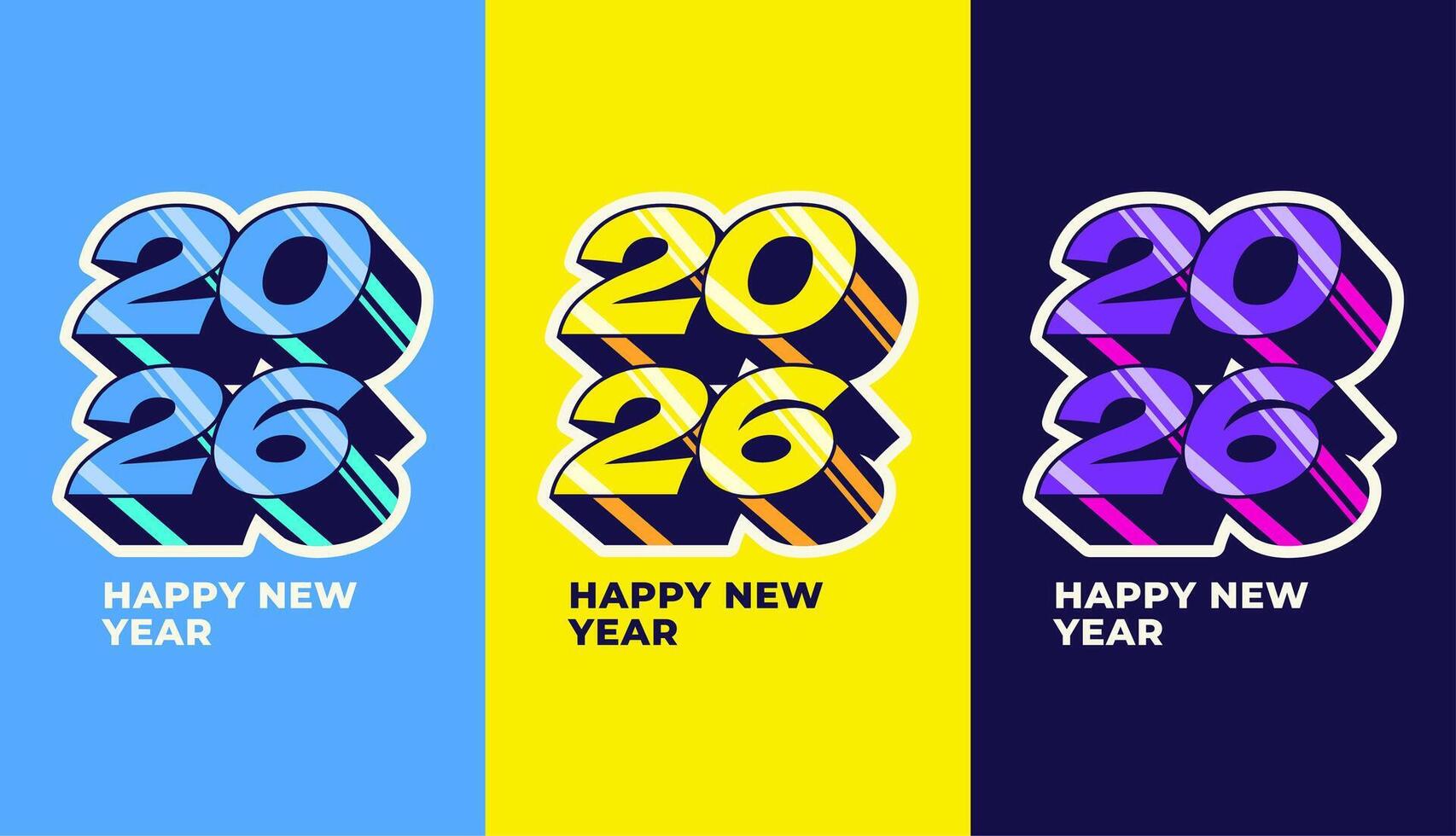 Happy New Year 2026 3d retro long shadow colourful, celebration, greeting card, invitation, calendar concept. Design template post new year 2026. vector