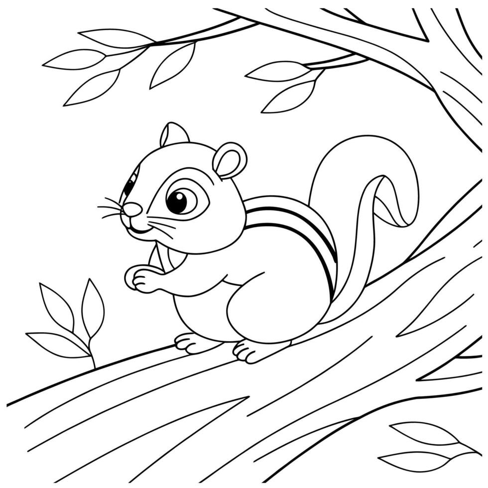 Cute chipmunk coloring page on a tree branch. vector