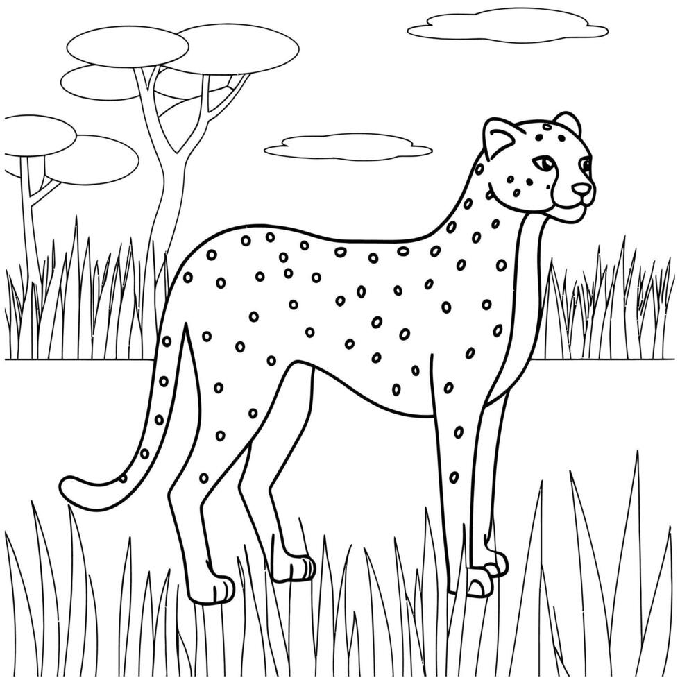 Printable coloring page of a cheetah in a savanna setting. vector