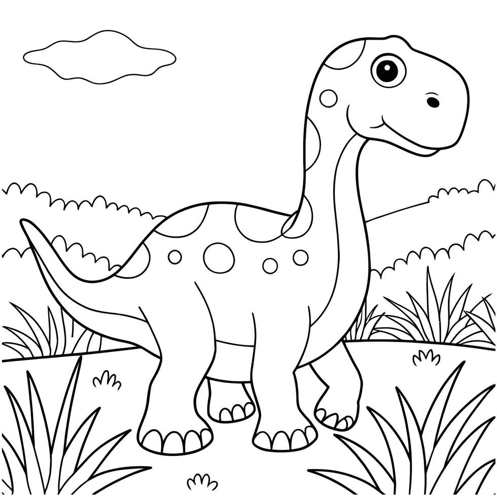 Cute Dinosaur Coloring Page in a Peaceful Landscape vector