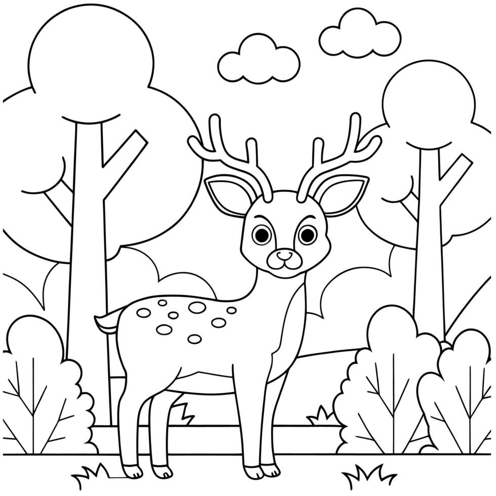 Cute black and white deer coloring page in a forest setting. vector