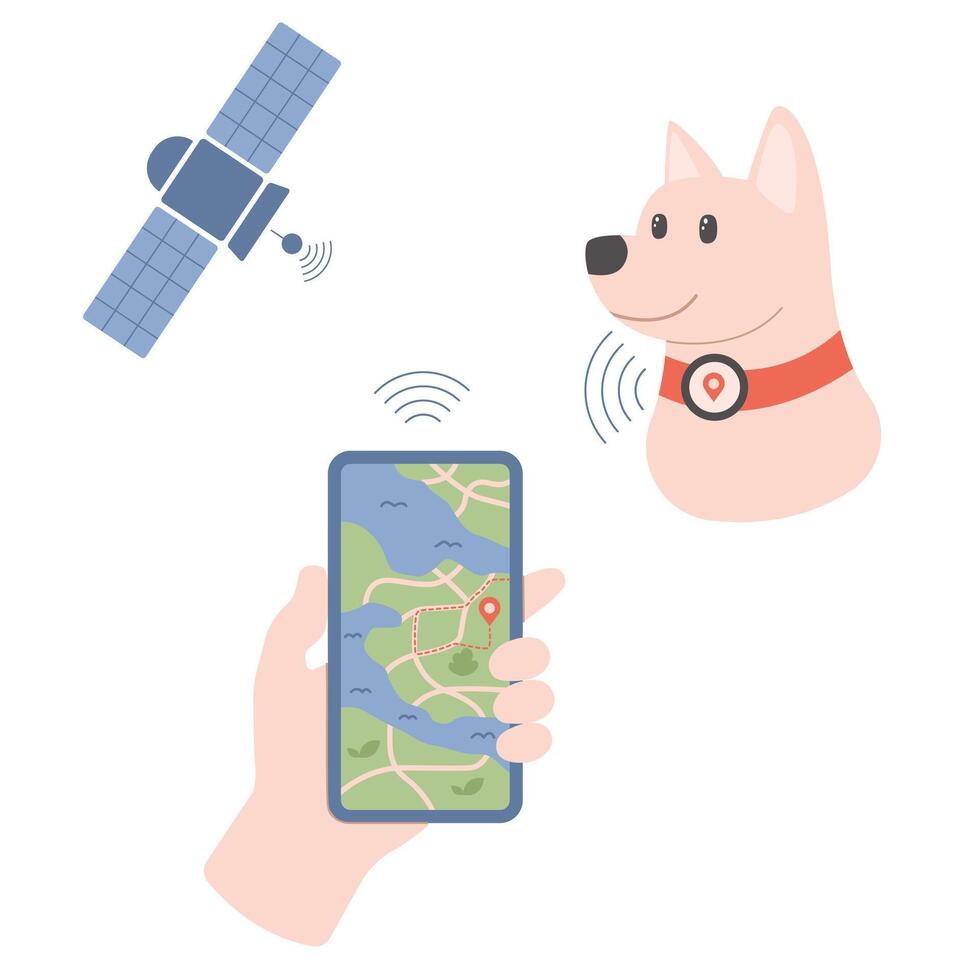 GPS satellite tracker on pet Dog location in park Transfer information to mobile phone application illustration vector