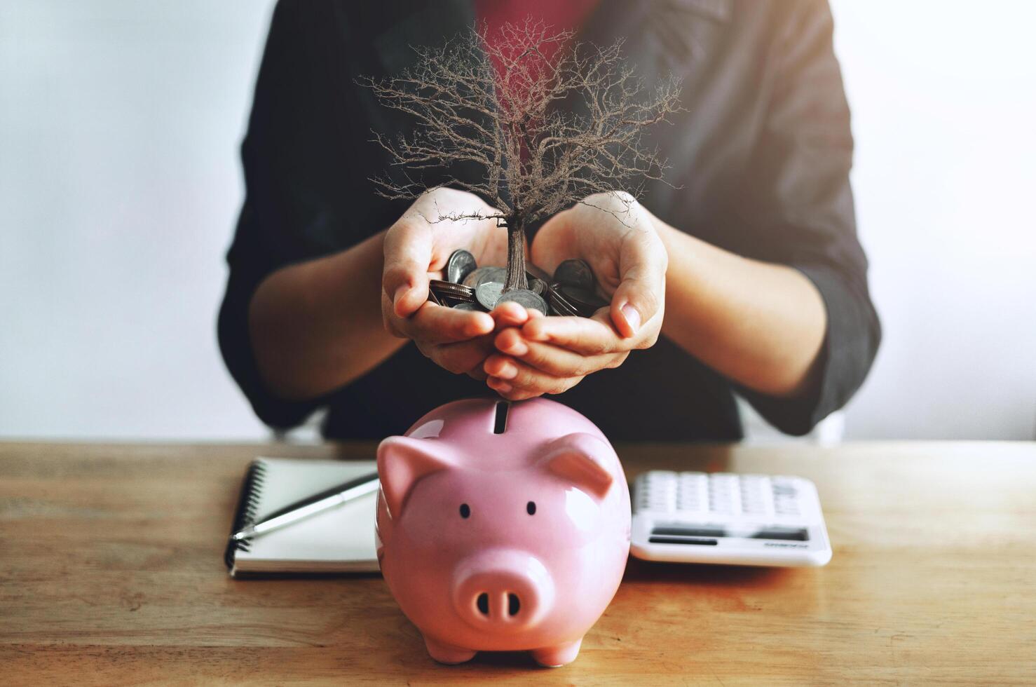 woman is holding a piggy bank full of coins photo