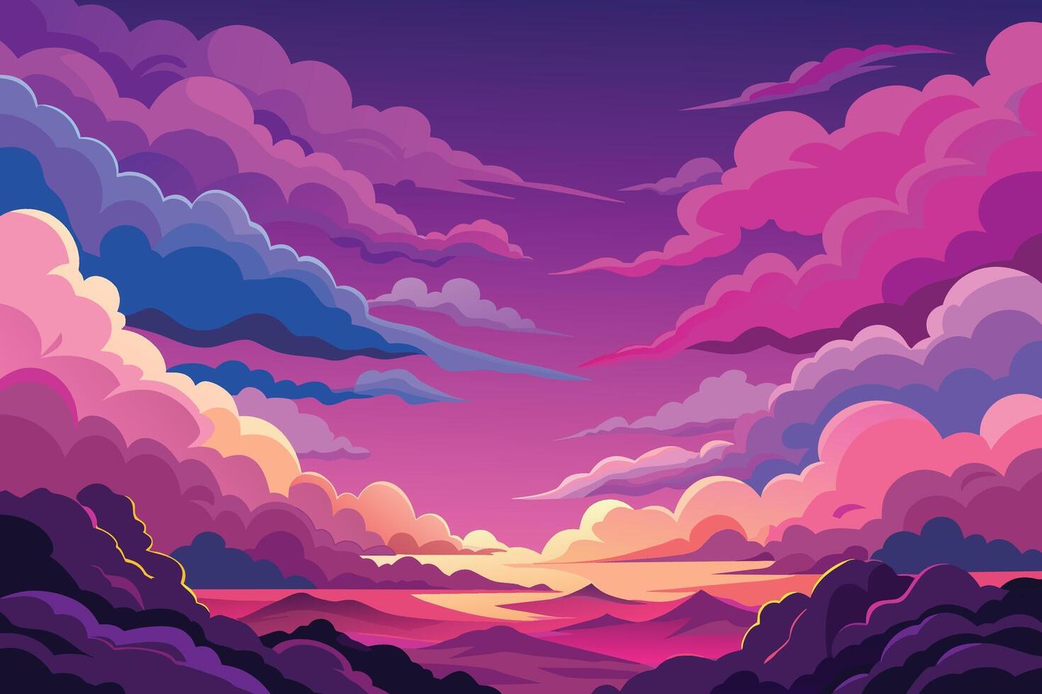 A colorful painting of clouds and mountains vector