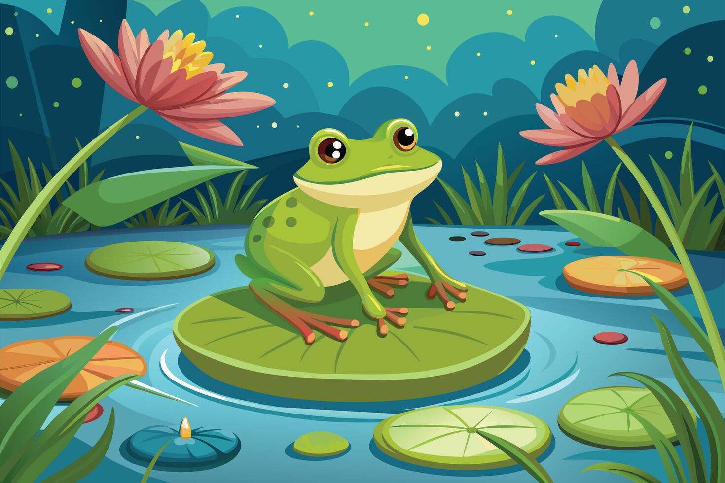 afrog balancing on awater lily in apond vector