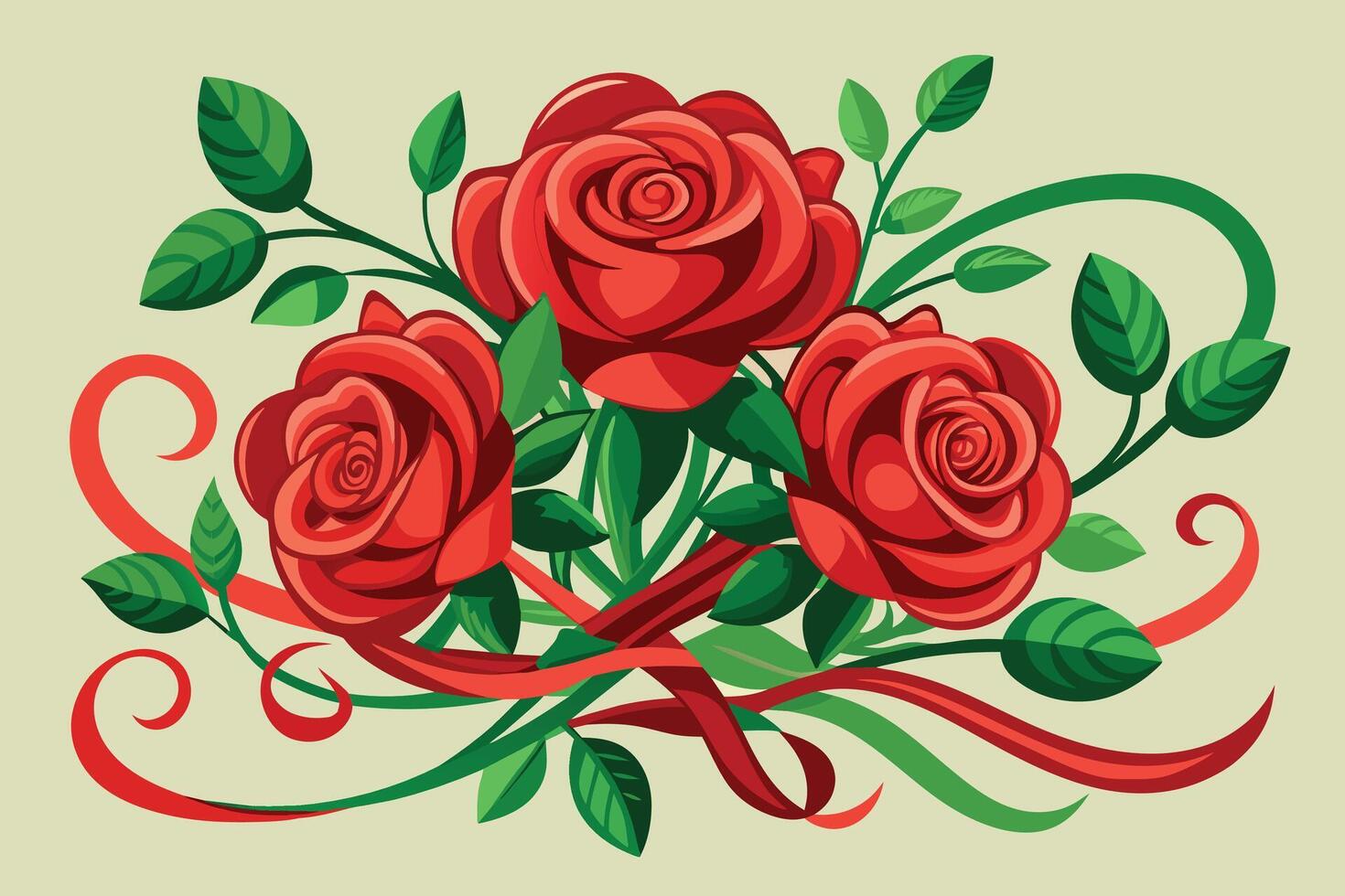 Red roses with green leaves and ribbons vector