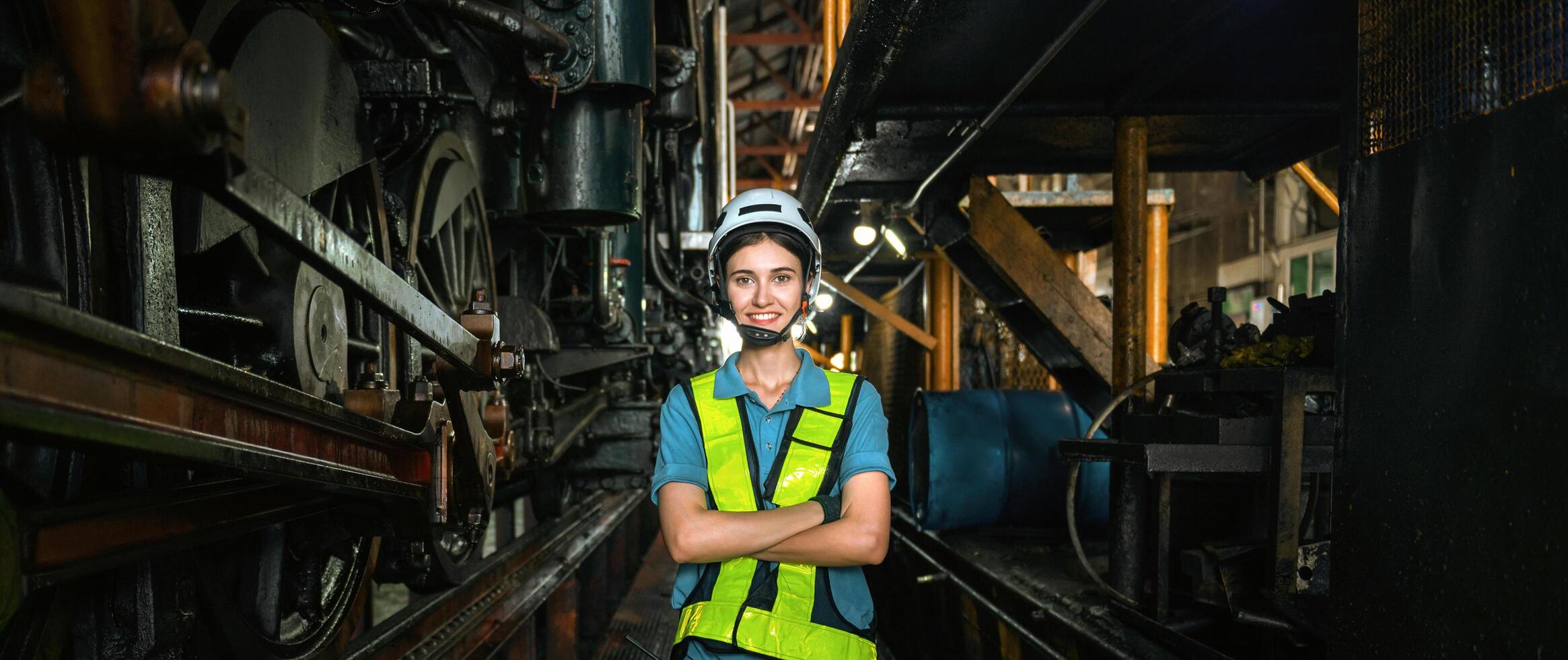 woman in a yellow vest stands in front of a train engine photo