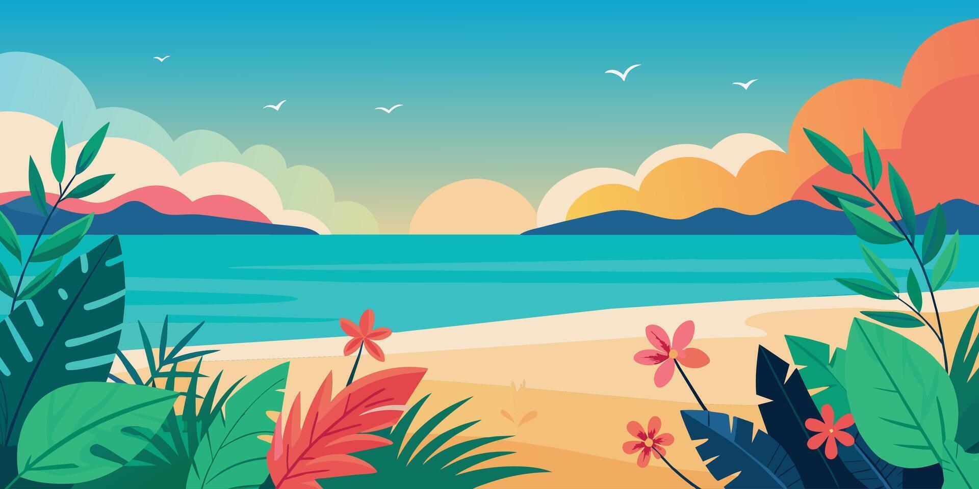 Tropical landscape with colorful plants and birds vector
