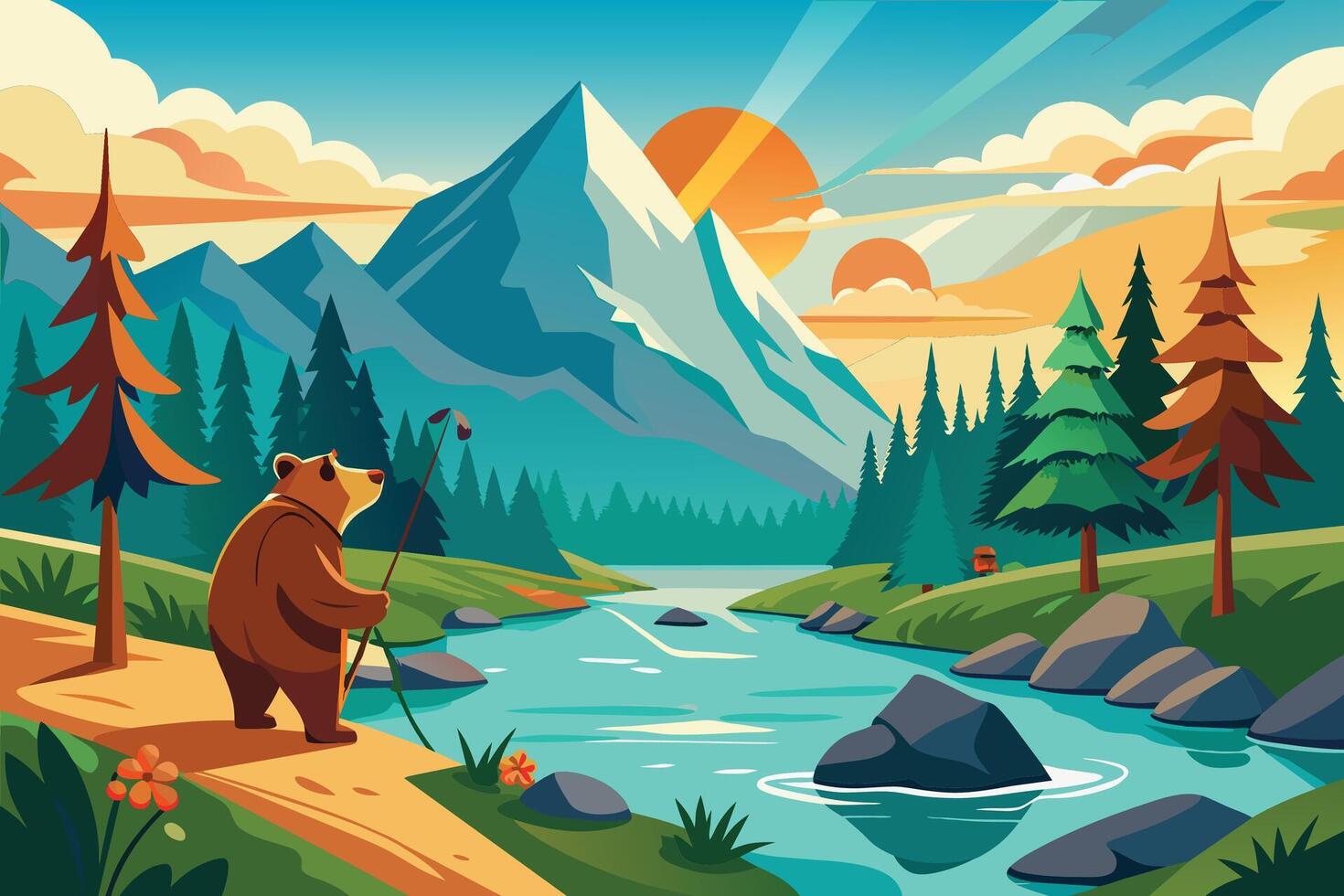 A cartoon bear standing by a river in the mountains vector
