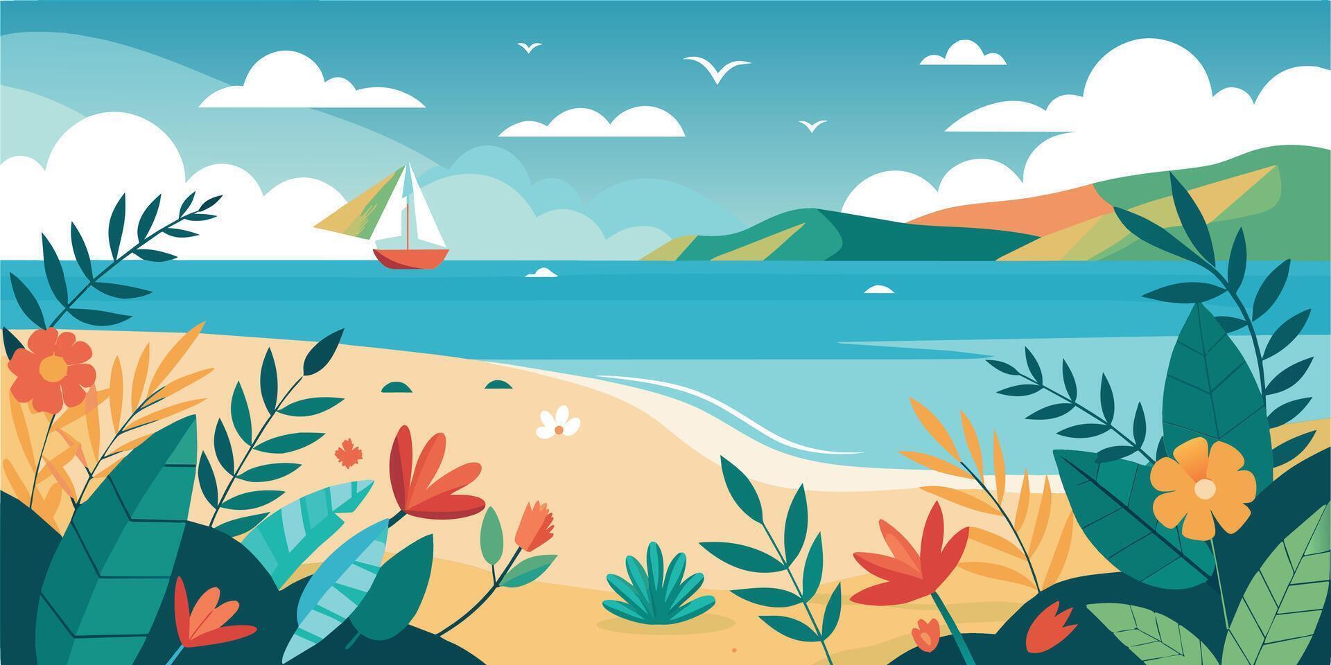 Summer landscape with sailboat and flowers vector