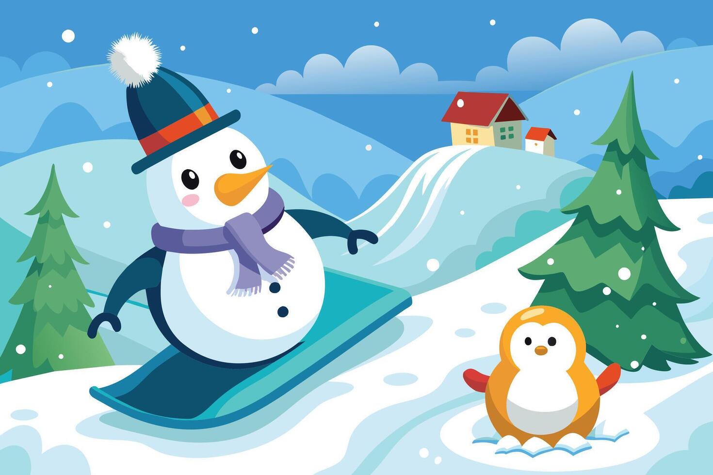 A cartoon snowman and penguin on a snowboard vector