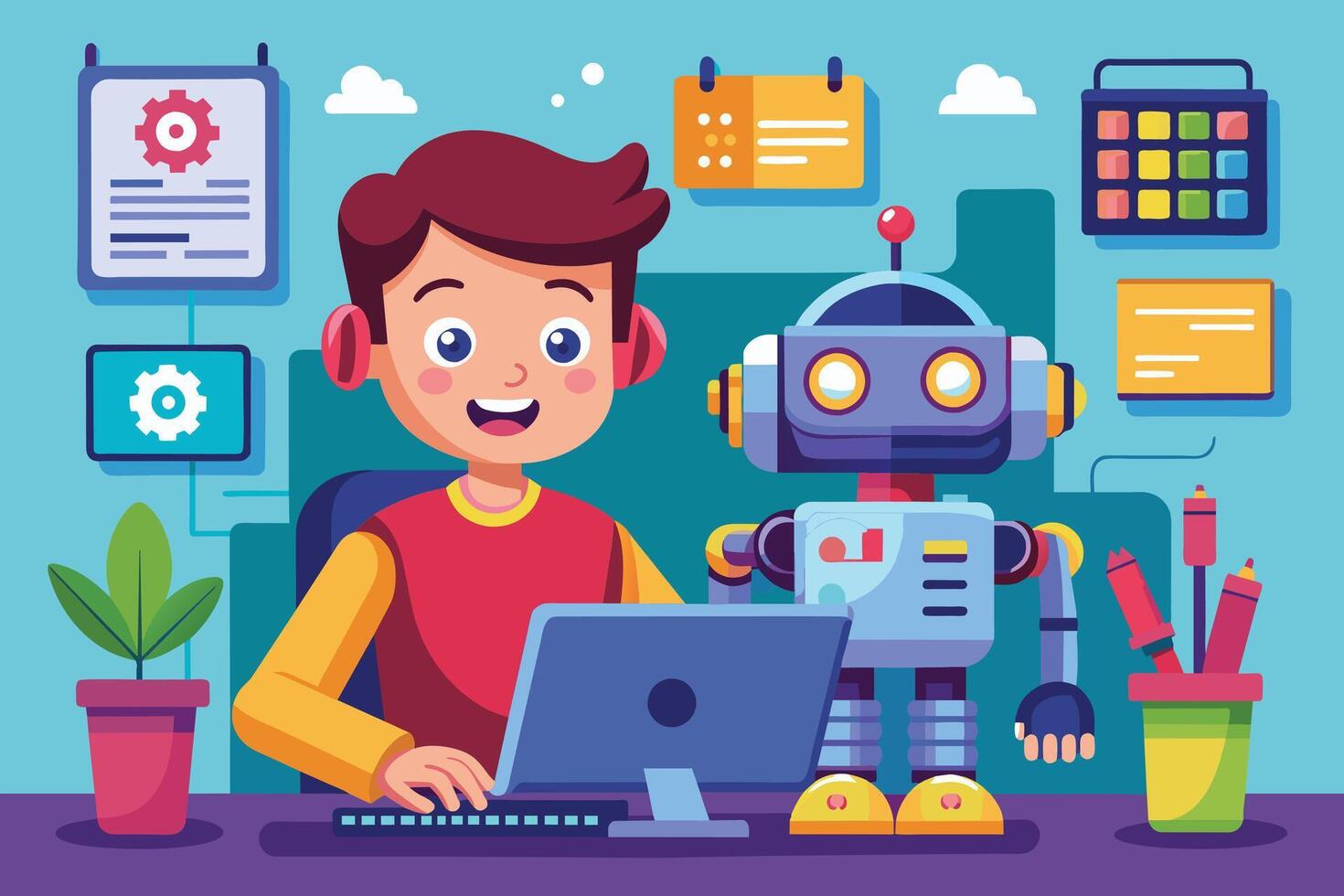 A man working on a laptop with a robot next to him vector