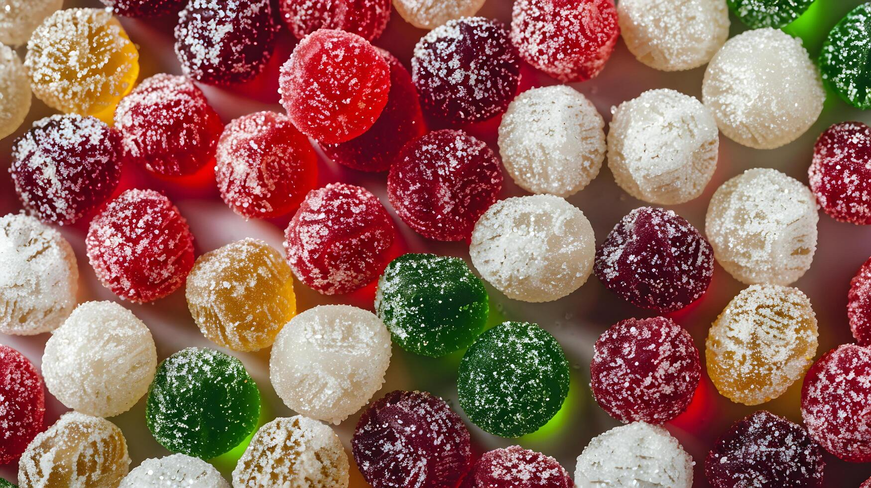 close-up of assorted sugar-coated round candies in red, green, yellow, and white colors photo