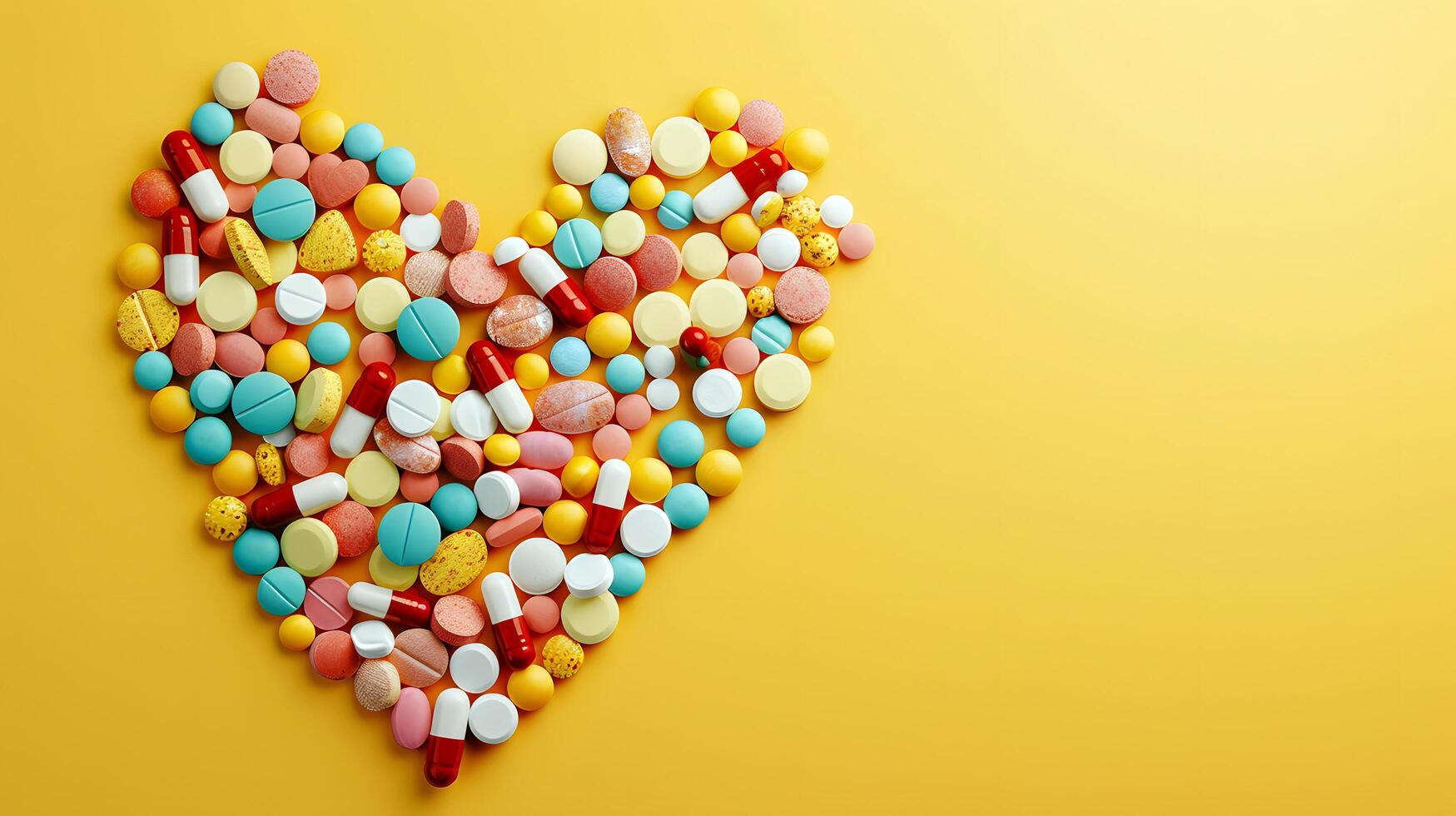 heart shape formed with colorful pills on yellow background photo