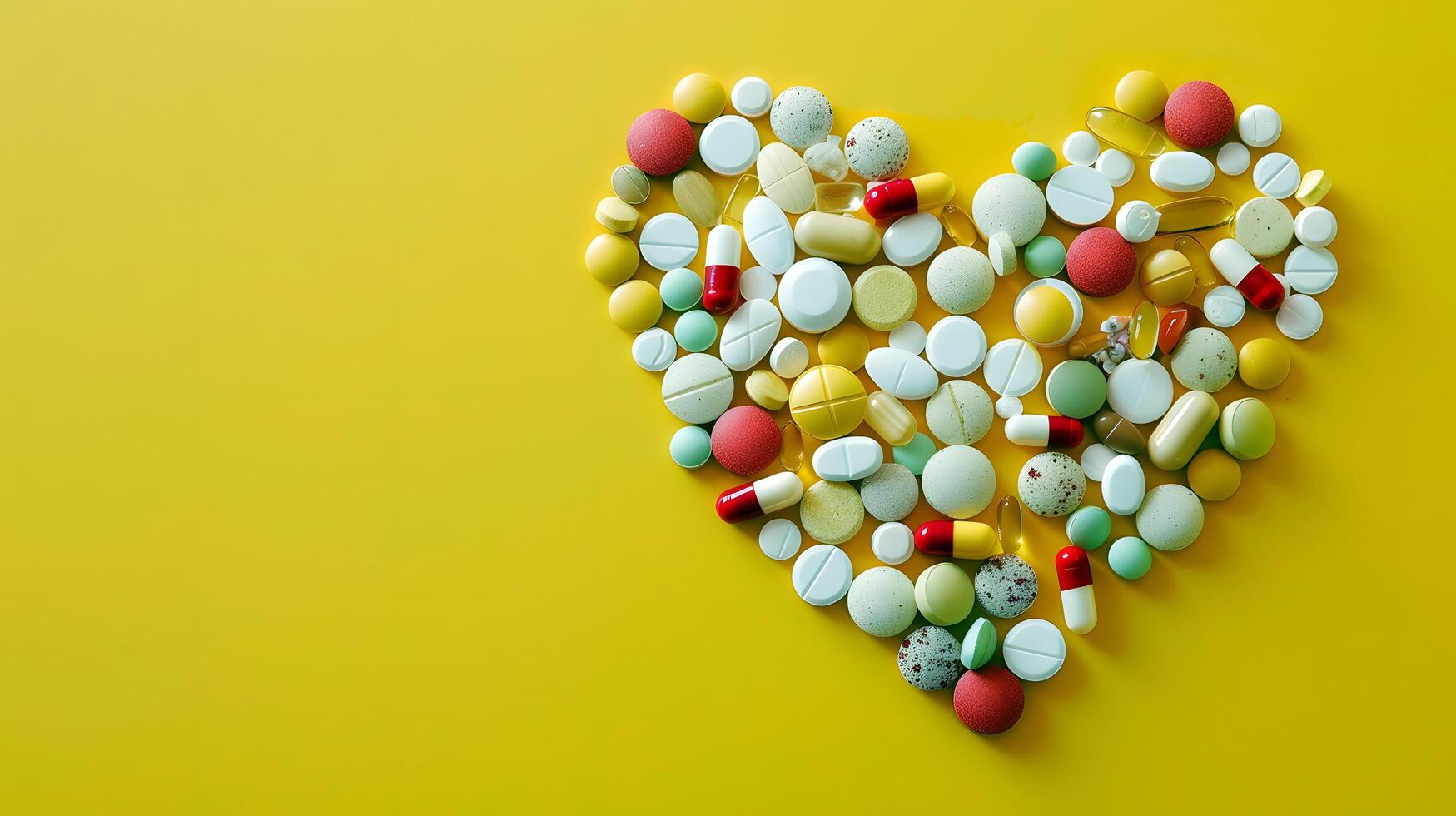 Heart shape made of assorted colorful pills on yellow background photo