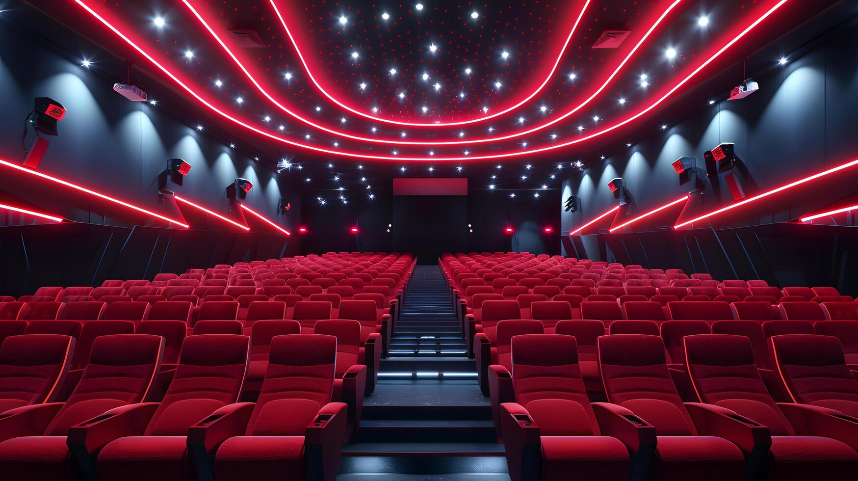 Stylish empty movie theater with red seats and ceiling lights photo
