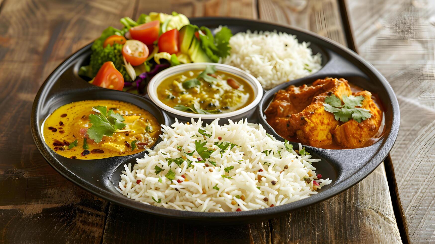 traditional indian thali with rice and assorted curries photo