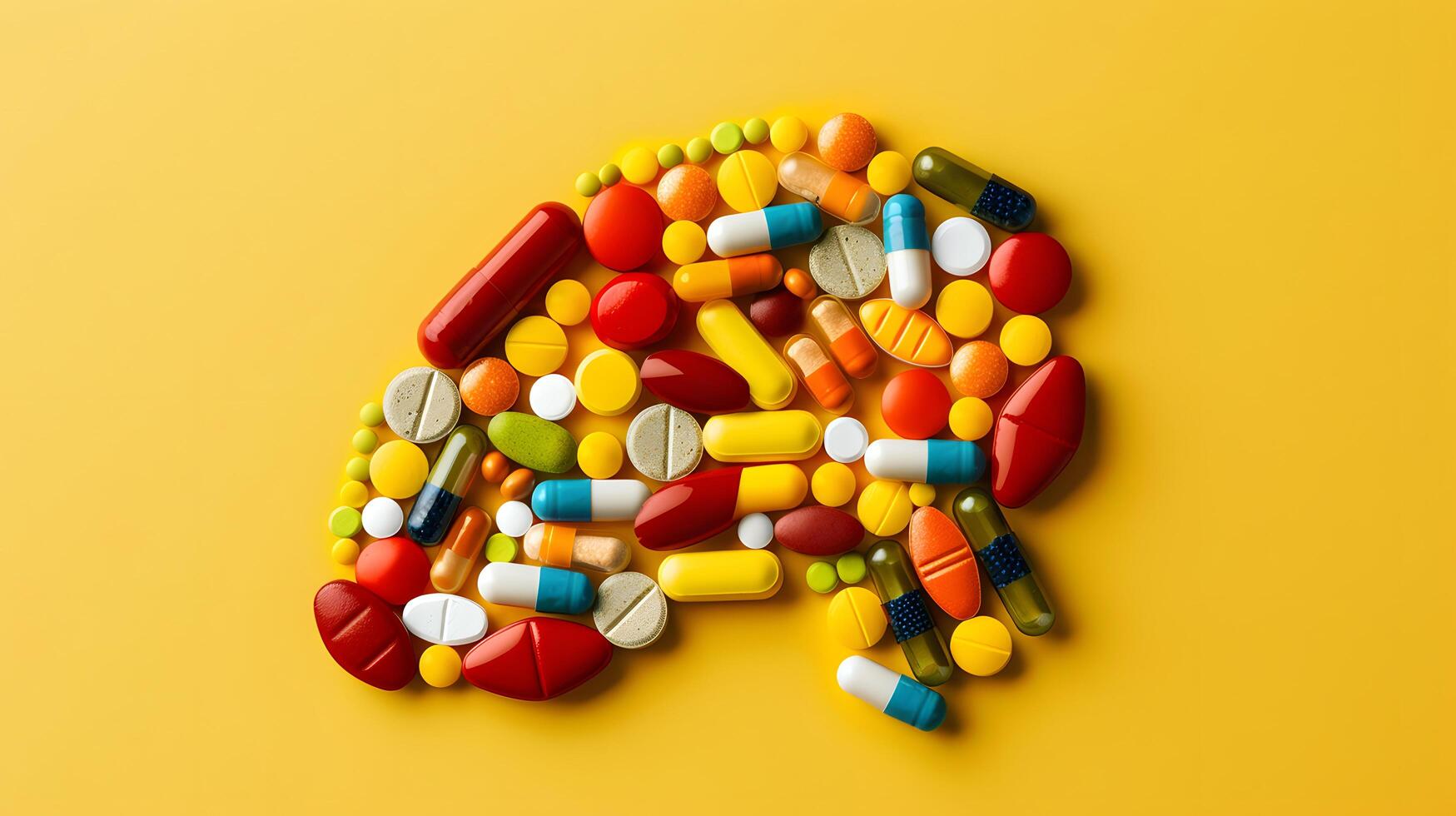 brain shape created with pills on yellow background photo