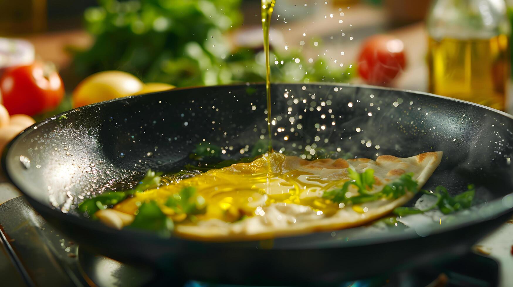 Cooking food in a frying pan with oil and fresh herbs photo