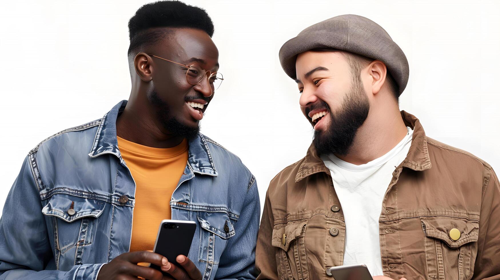 Two diverse men smiling and using smartphone together photo