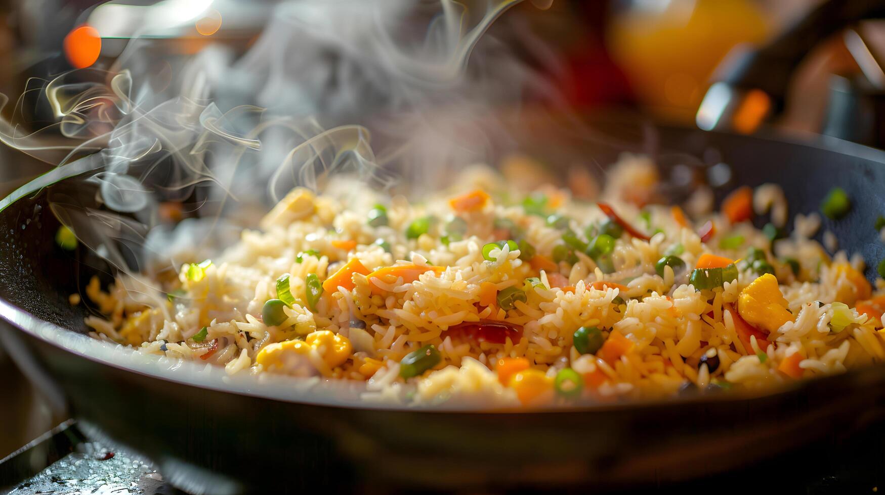 steaming hot fried rice with vegetables in a pan photo