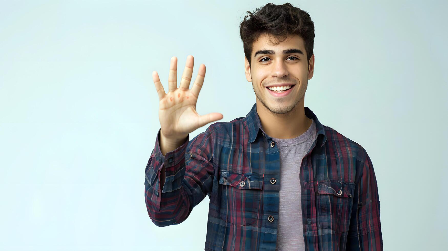 young man smiling and waving at the camera photo